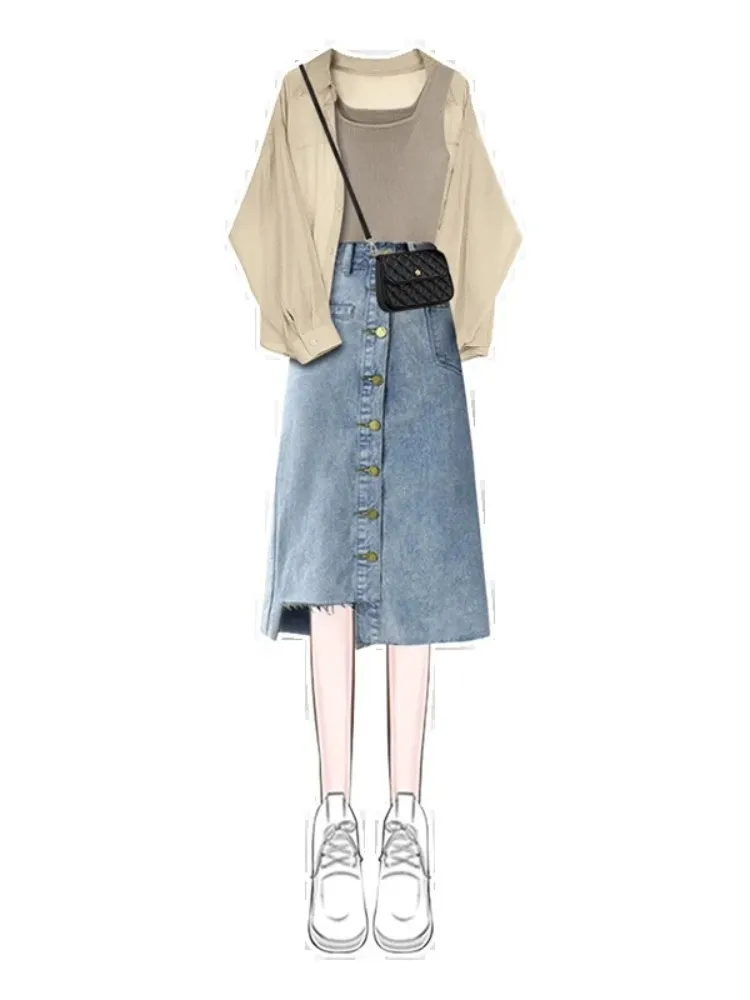 Women's Summer New In Matching Set 2026 Korean Elegant Chiffon Sunscreen Shirt+suspender+denim Skirt 3 Piece Female Dress Suit