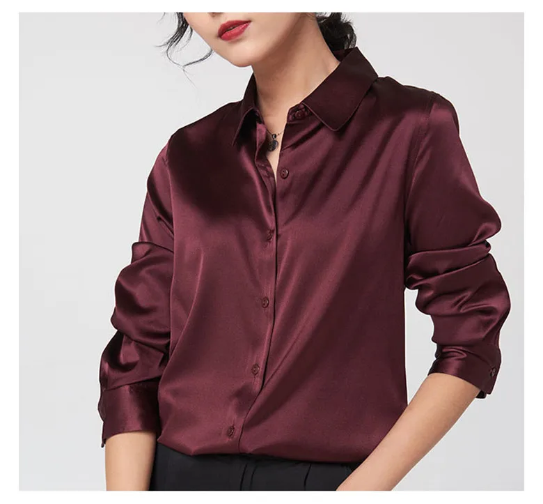 Elegant Satin Long Sleeve Blouses Women 2025 Vintage Burgundy white Silk Shirt Women Casual Loose Button Up Female Shirts Tops