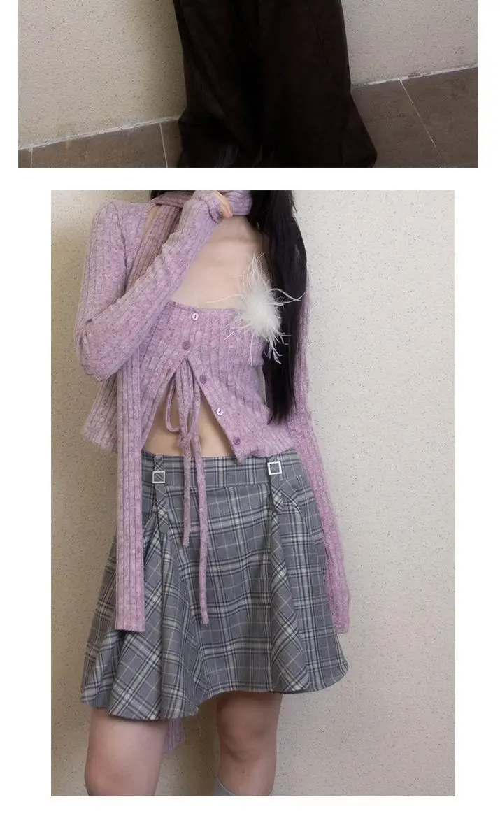 Karrram Japanese Y2k Short Cardigan With Scarf Korean Fashion Purple Knitwears Vintage Square Collar Crop Cardigans Aesthetics