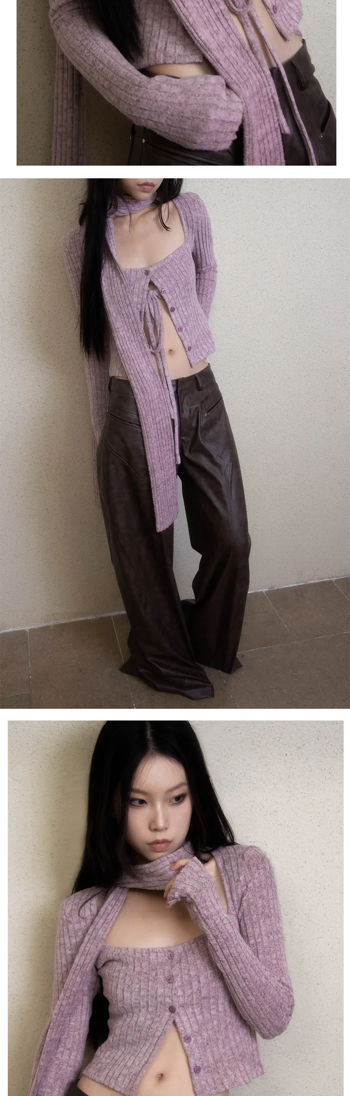 Karrram Japanese Y2k Short Cardigan With Scarf Korean Fashion Purple Knitwears Vintage Square Collar Crop Cardigans Aesthetics