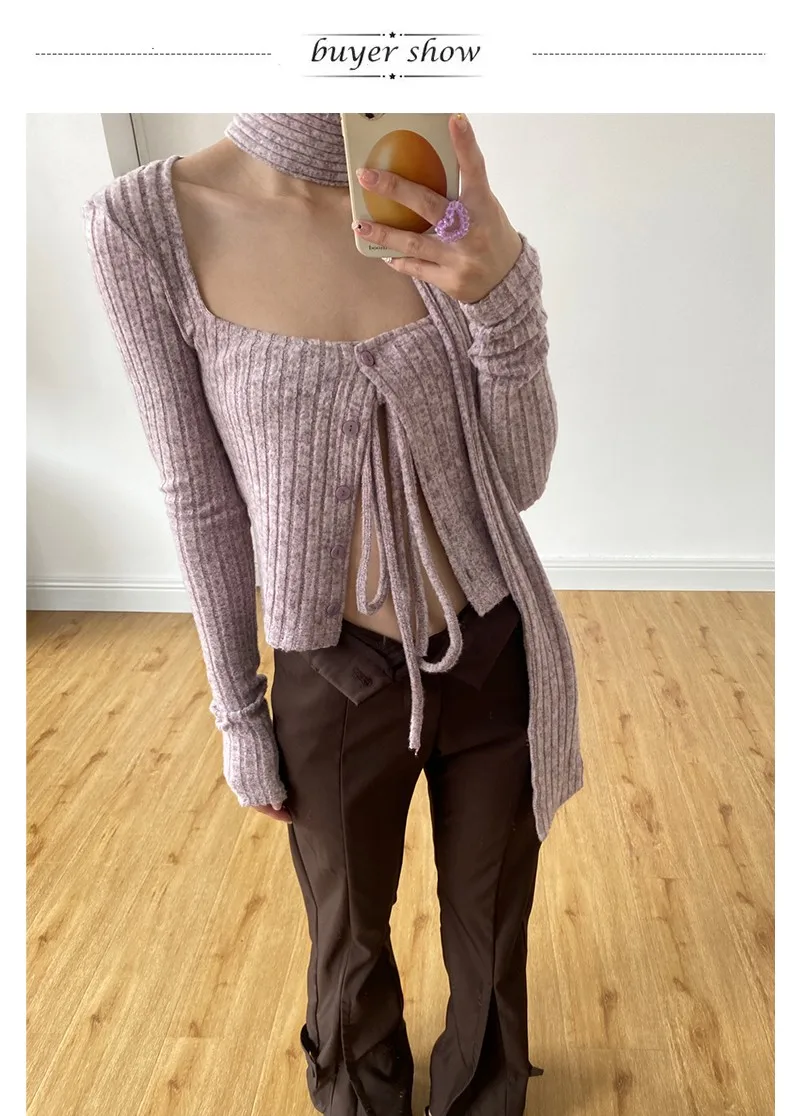 Karrram Japanese Y2k Short Cardigan With Scarf Korean Fashion Purple Knitwears Vintage Square Collar Crop Cardigans Aesthetics