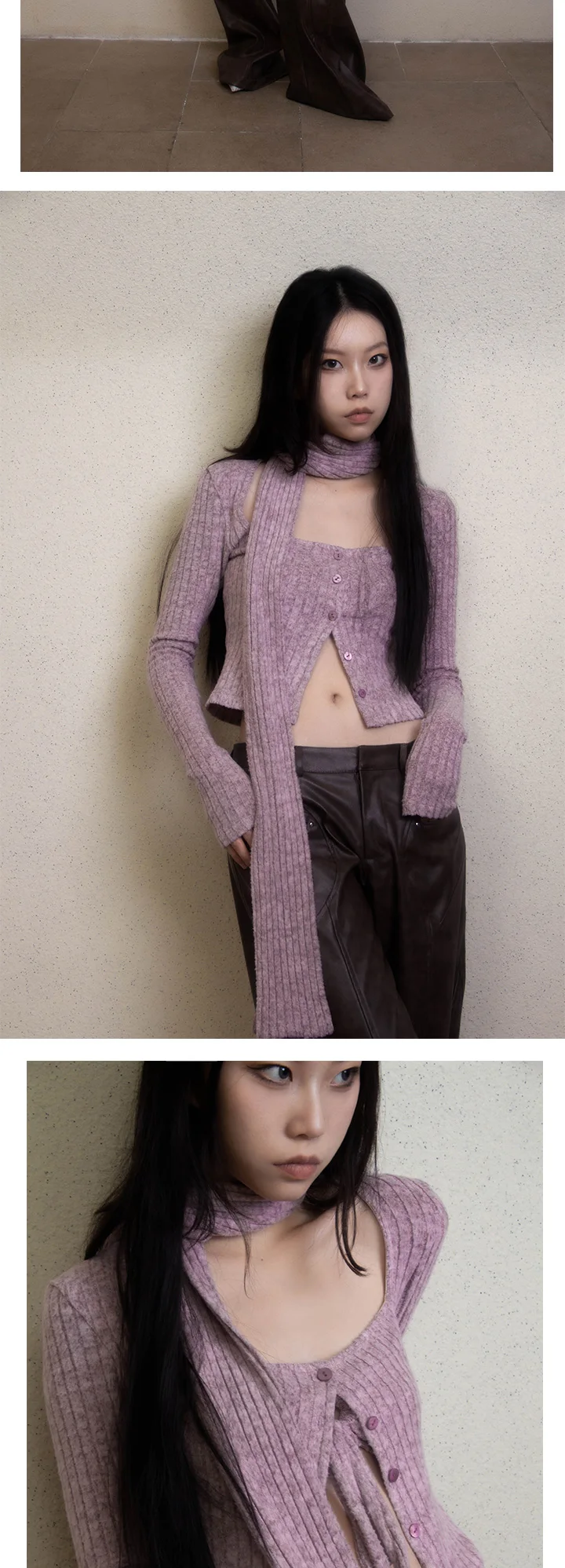 Karrram Japanese Y2k Short Cardigan With Scarf Korean Fashion Purple Knitwears Vintage Square Collar Crop Cardigans Aesthetics