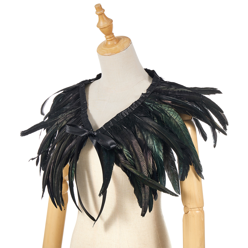 Women Natural Feather Cape Maleficent Costume Gothic Lacing Shawl Shrug Collar Feather Cape Halloween Cosplay Christmas Party