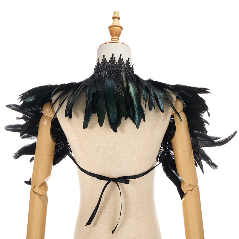 Women Natural Feather Cape Maleficent Costume Gothic Lacing Shawl Shrug Collar Feather Cape Halloween Cosplay Christmas Party