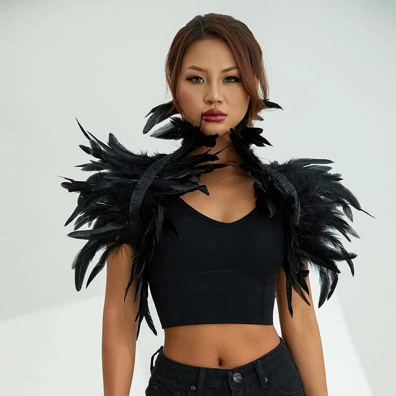 Women Natural Feather Cape Maleficent Costume Gothic Lacing Shawl Shrug Collar Feather Cape Halloween Cosplay Christmas Party