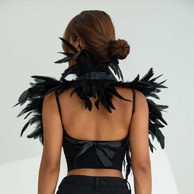Women Natural Feather Cape Maleficent Costume Gothic Lacing Shawl Shrug Collar Feather Cape Halloween Cosplay Christmas Party