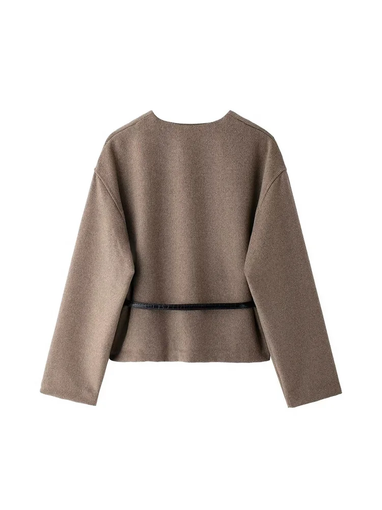 2024 Autumn/Winter Short Jacket with Belt Women Casual Round Neck Jacket Female Fashion Top