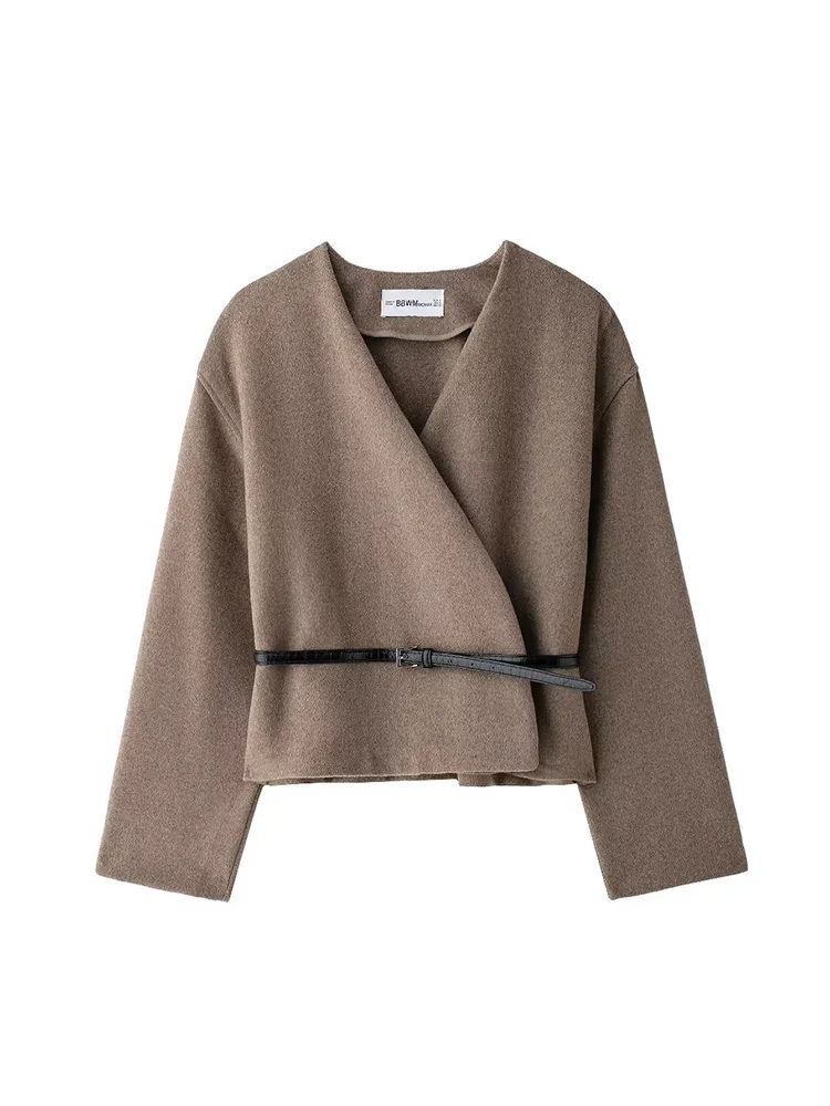 2024 Autumn/Winter Short Jacket with Belt Women Casual Round Neck Jacket Female Fashion Top
