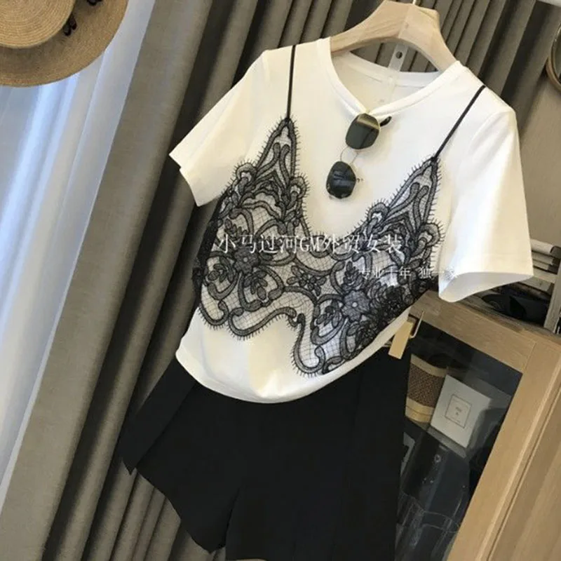 Korean Woman Tshirts Chic Fake Two Summer Tees Y2k Clothes Patchwotk Lace Sweet Fashion Casual T-Shirts for Women