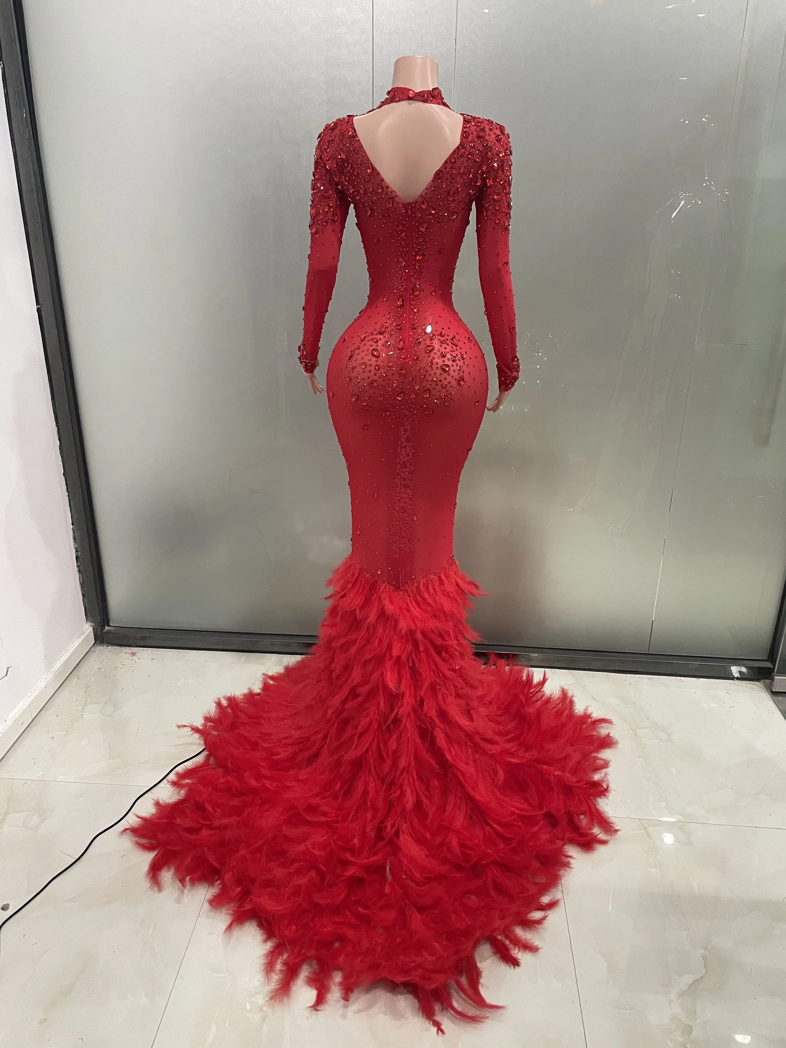 Luxury Sparkling Red Crystals Feathers Mermaid Long Sleeve Maxi Dress Women Formal Occasions Wedding Celebrate Party Prom Gown