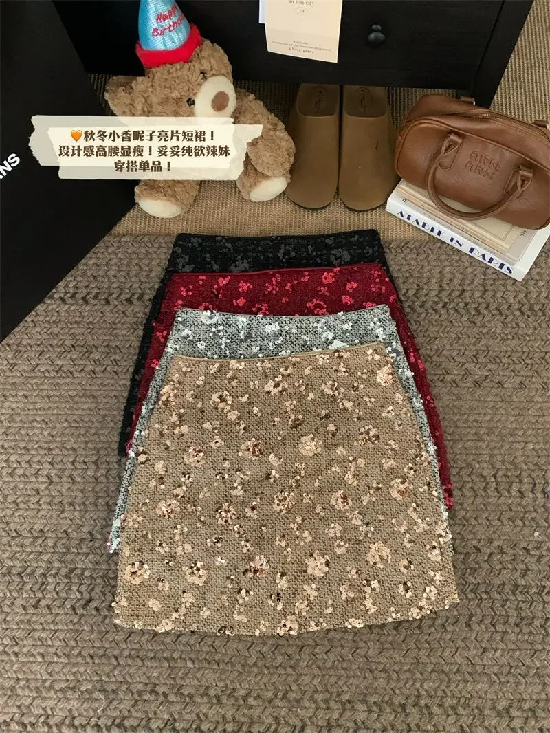 New Fashion Shiny Sequin Mini Skirt Women High Waist Slim Wrapped Hip Club Sexy Tweed Skirt Elgant Office Lady Woolen Faldas Y2k