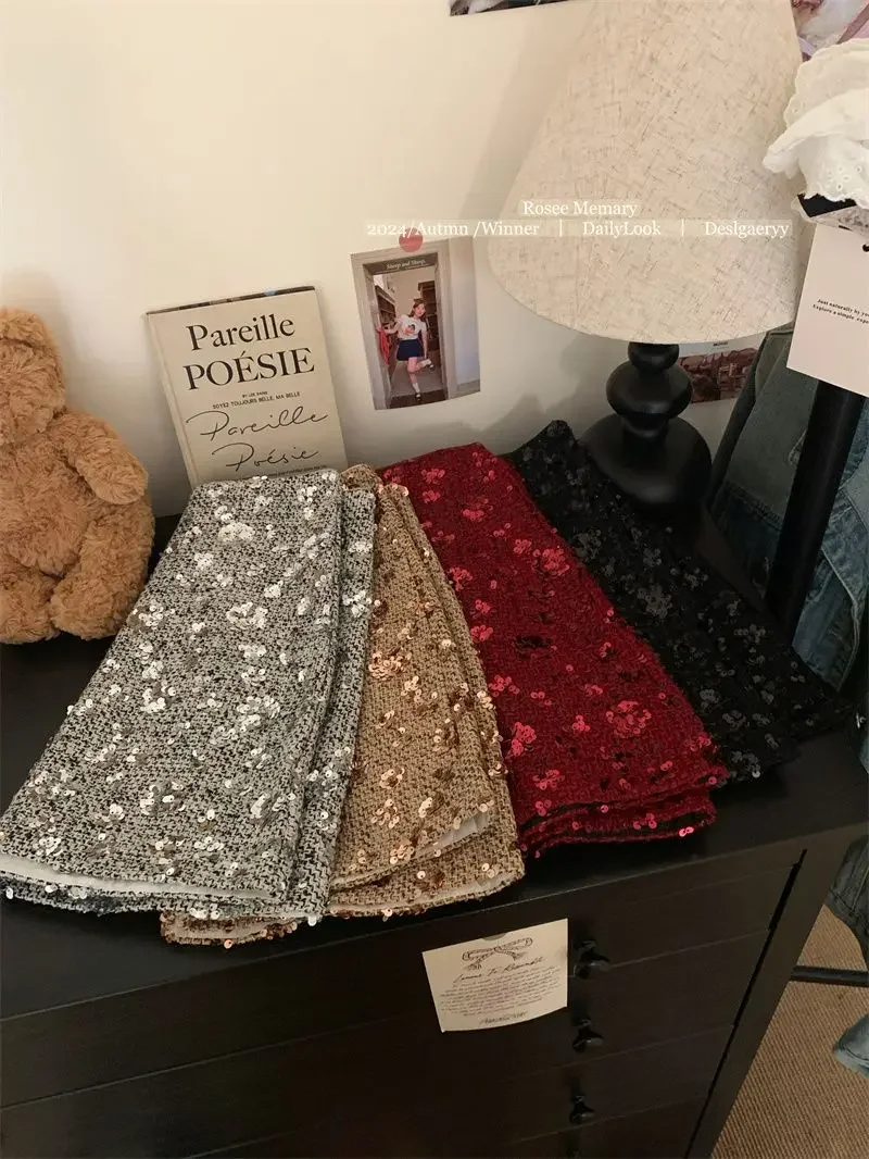 New Fashion Shiny Sequin Mini Skirt Women High Waist Slim Wrapped Hip Club Sexy Tweed Skirt Elgant Office Lady Woolen Faldas Y2k
