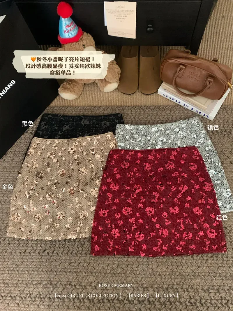 New Fashion Shiny Sequin Mini Skirt Women High Waist Slim Wrapped Hip Club Sexy Tweed Skirt Elgant Office Lady Woolen Faldas Y2k