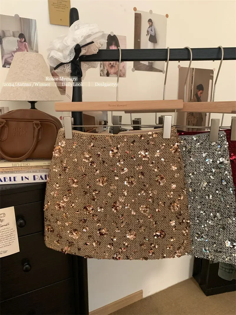 New Fashion Shiny Sequin Mini Skirt Women High Waist Slim Wrapped Hip Club Sexy Tweed Skirt Elgant Office Lady Woolen Faldas Y2k