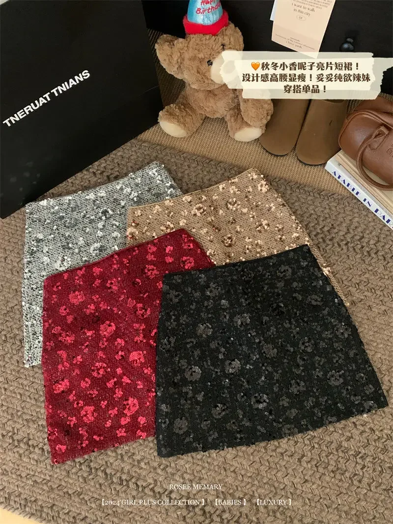 New Fashion Shiny Sequin Mini Skirt Women High Waist Slim Wrapped Hip Club Sexy Tweed Skirt Elgant Office Lady Woolen Faldas Y2k
