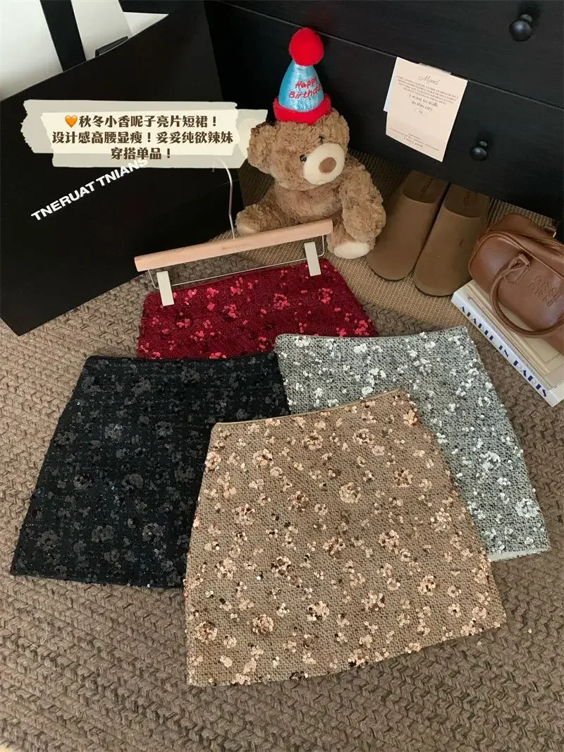 New Fashion Shiny Sequin Mini Skirt Women High Waist Slim Wrapped Hip Club Sexy Tweed Skirt Elgant Office Lady Woolen Faldas Y2k