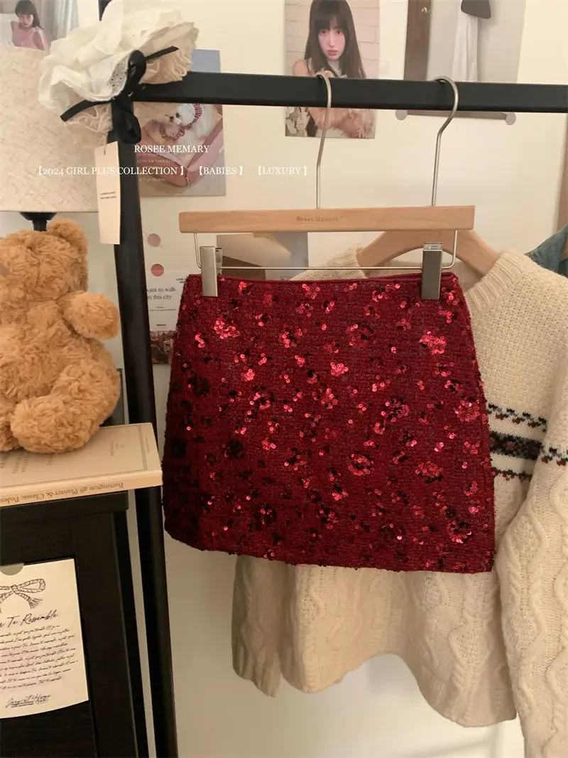 New Fashion Shiny Sequin Mini Skirt Women High Waist Slim Wrapped Hip Club Sexy Tweed Skirt Elgant Office Lady Woolen Faldas Y2k