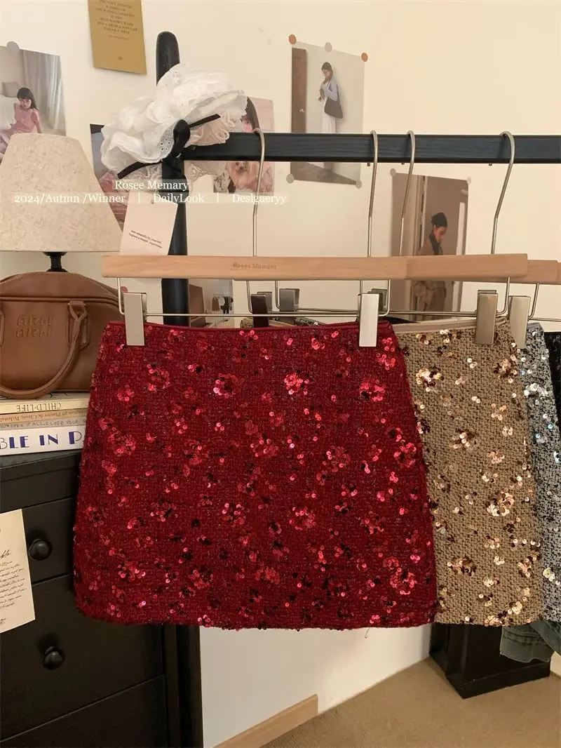New Fashion Shiny Sequin Mini Skirt Women High Waist Slim Wrapped Hip Club Sexy Tweed Skirt Elgant Office Lady Woolen Faldas Y2k