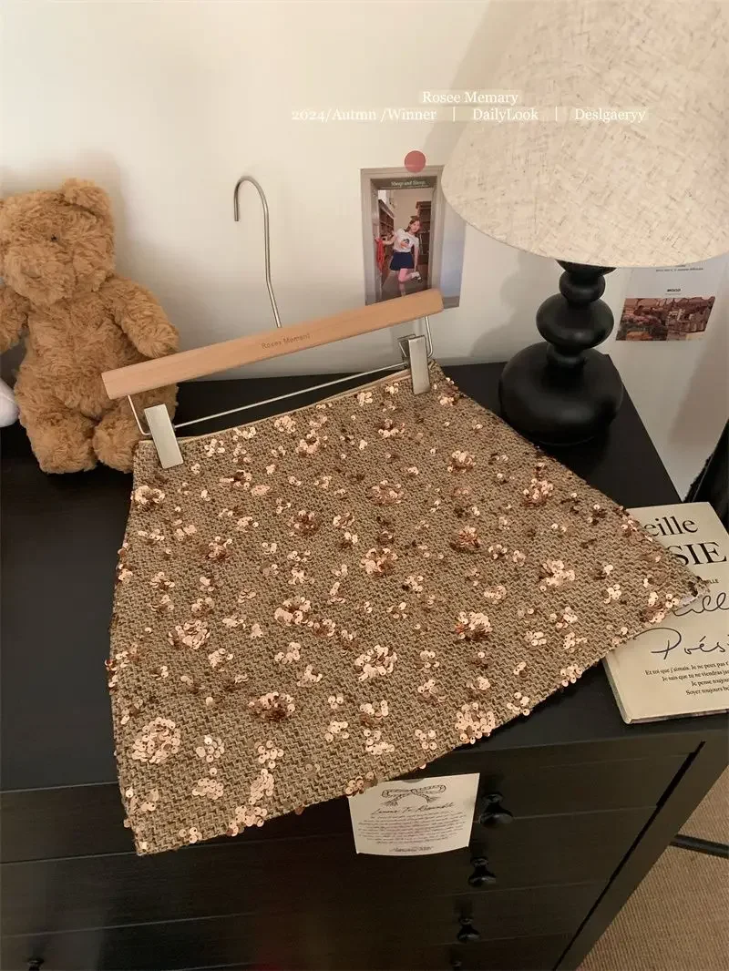 New Fashion Shiny Sequin Mini Skirt Women High Waist Slim Wrapped Hip Club Sexy Tweed Skirt Elgant Office Lady Woolen Faldas Y2k