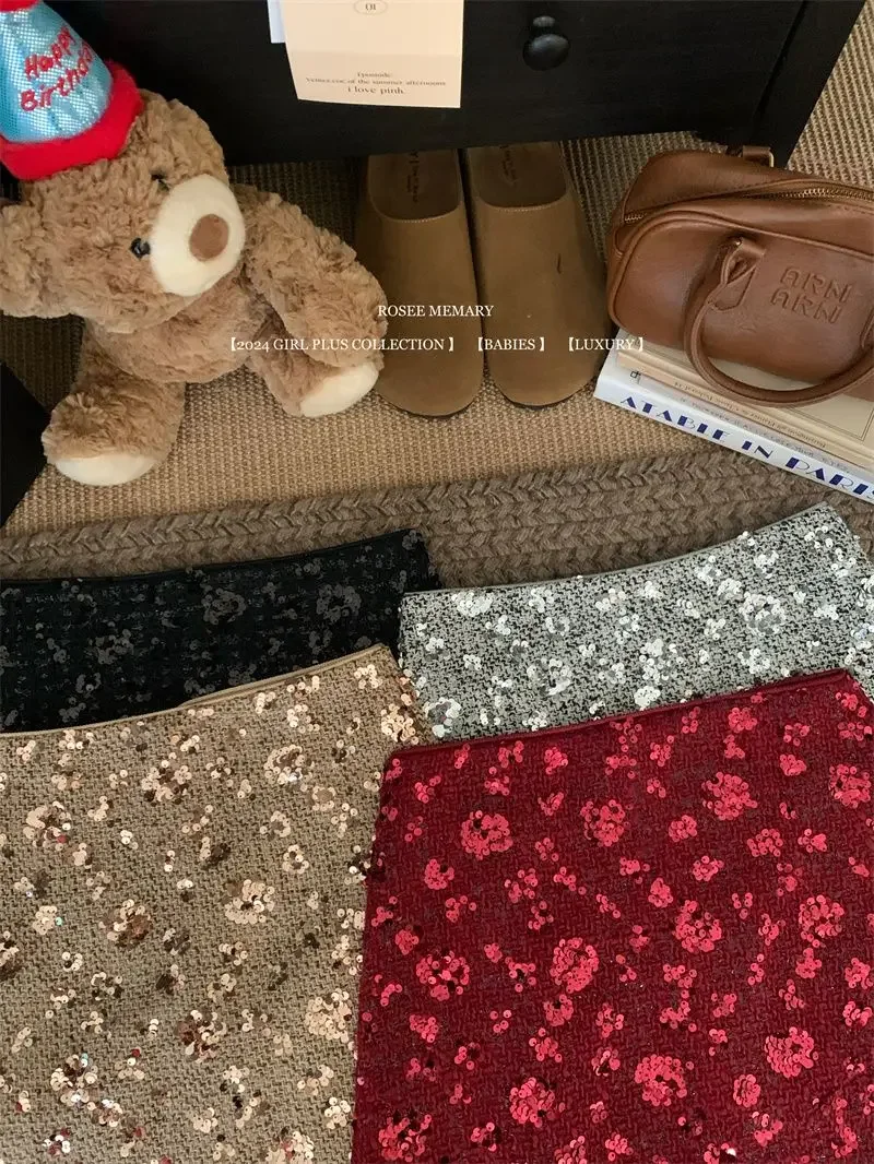 New Fashion Shiny Sequin Mini Skirt Women High Waist Slim Wrapped Hip Club Sexy Tweed Skirt Elgant Office Lady Woolen Faldas Y2k