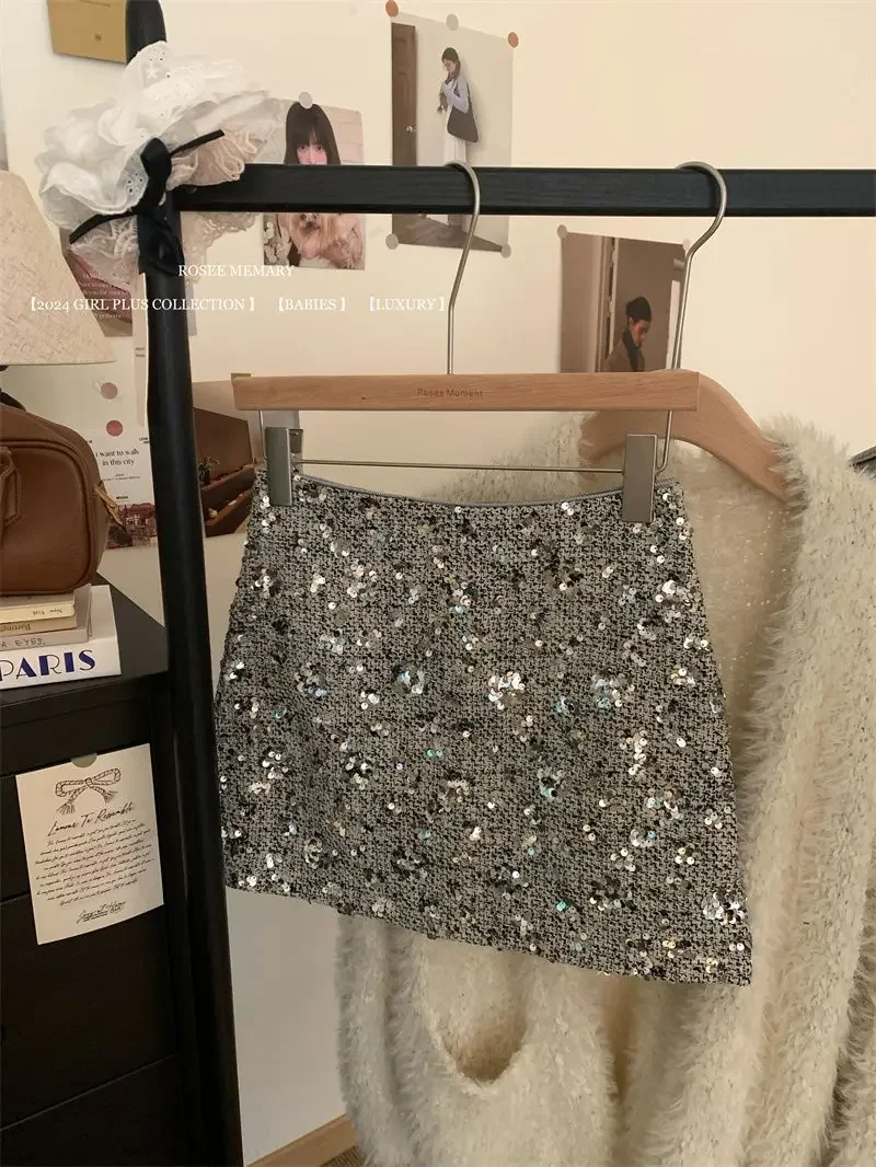 New Fashion Shiny Sequin Mini Skirt Women High Waist Slim Wrapped Hip Club Sexy Tweed Skirt Elgant Office Lady Woolen Faldas Y2k