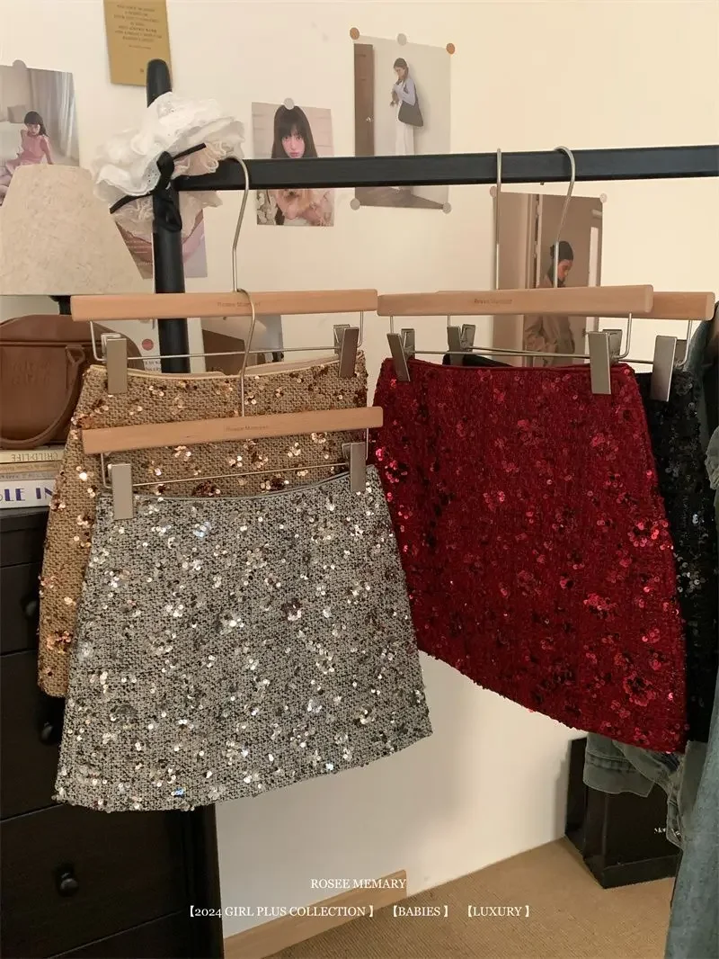 New Fashion Shiny Sequin Mini Skirt Women High Waist Slim Wrapped Hip Club Sexy Tweed Skirt Elgant Office Lady Woolen Faldas Y2k