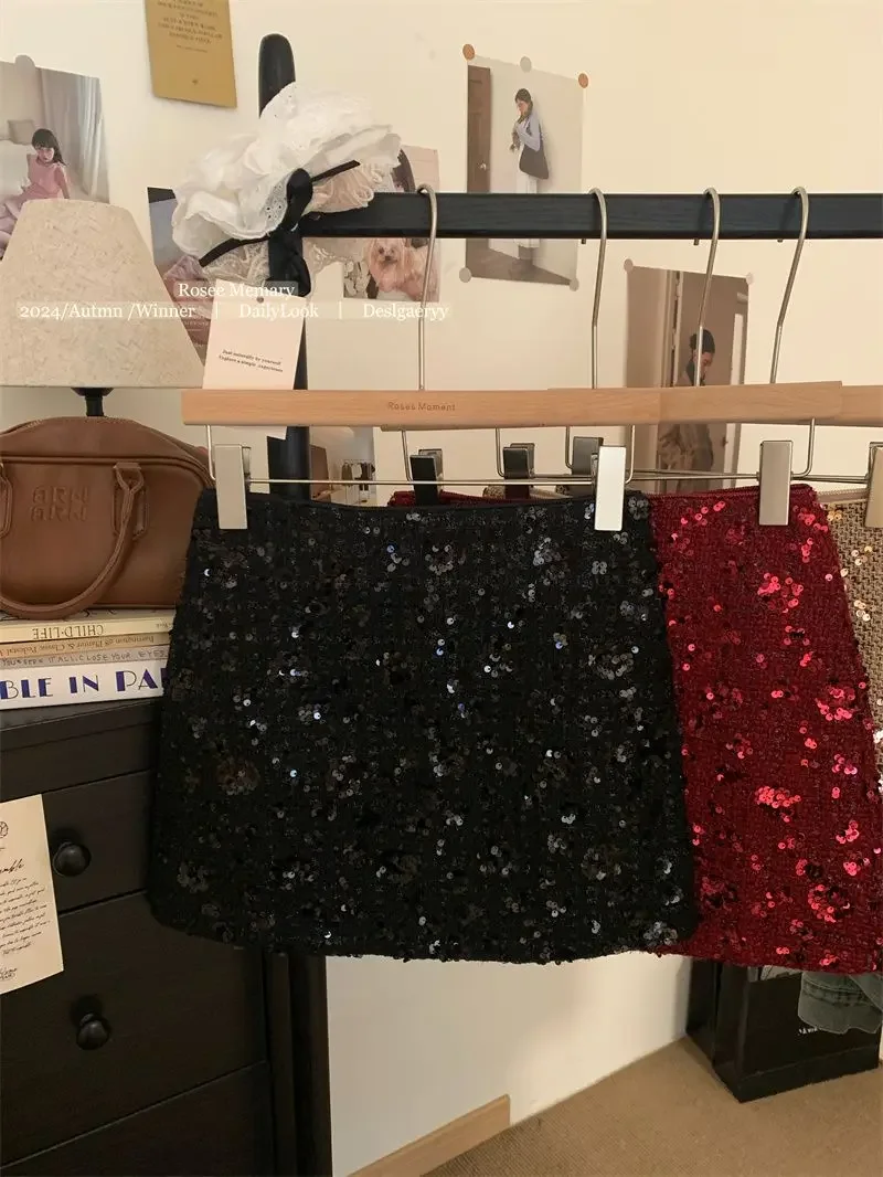 New Fashion Shiny Sequin Mini Skirt Women High Waist Slim Wrapped Hip Club Sexy Tweed Skirt Elgant Office Lady Woolen Faldas Y2k