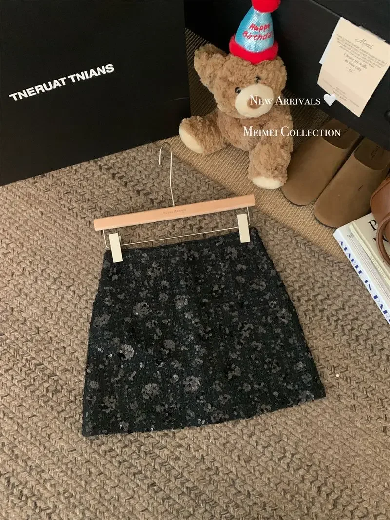 New Fashion Shiny Sequin Mini Skirt Women High Waist Slim Wrapped Hip Club Sexy Tweed Skirt Elgant Office Lady Woolen Faldas Y2k