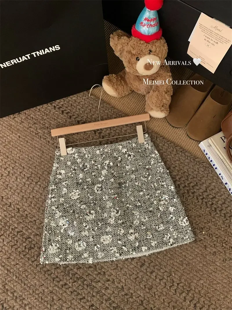 New Fashion Shiny Sequin Mini Skirt Women High Waist Slim Wrapped Hip Club Sexy Tweed Skirt Elgant Office Lady Woolen Faldas Y2k