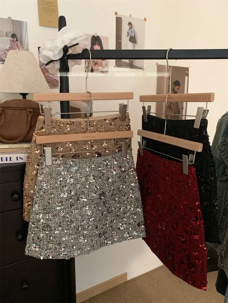 New Fashion Shiny Sequin Mini Skirt Women High Waist Slim Wrapped Hip Club Sexy Tweed Skirt Elgant Office Lady Woolen Faldas Y2k
