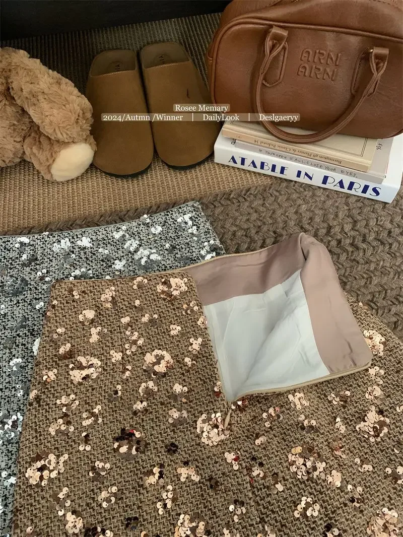 New Fashion Shiny Sequin Mini Skirt Women High Waist Slim Wrapped Hip Club Sexy Tweed Skirt Elgant Office Lady Woolen Faldas Y2k
