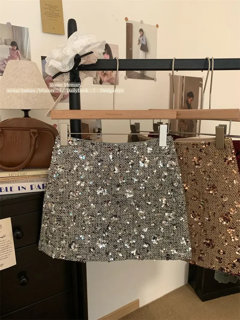New Fashion Shiny Sequin Mini Skirt Women High Waist Slim Wrapped Hip Club Sexy Tweed Skirt Elgant Office Lady Woolen Faldas Y2k