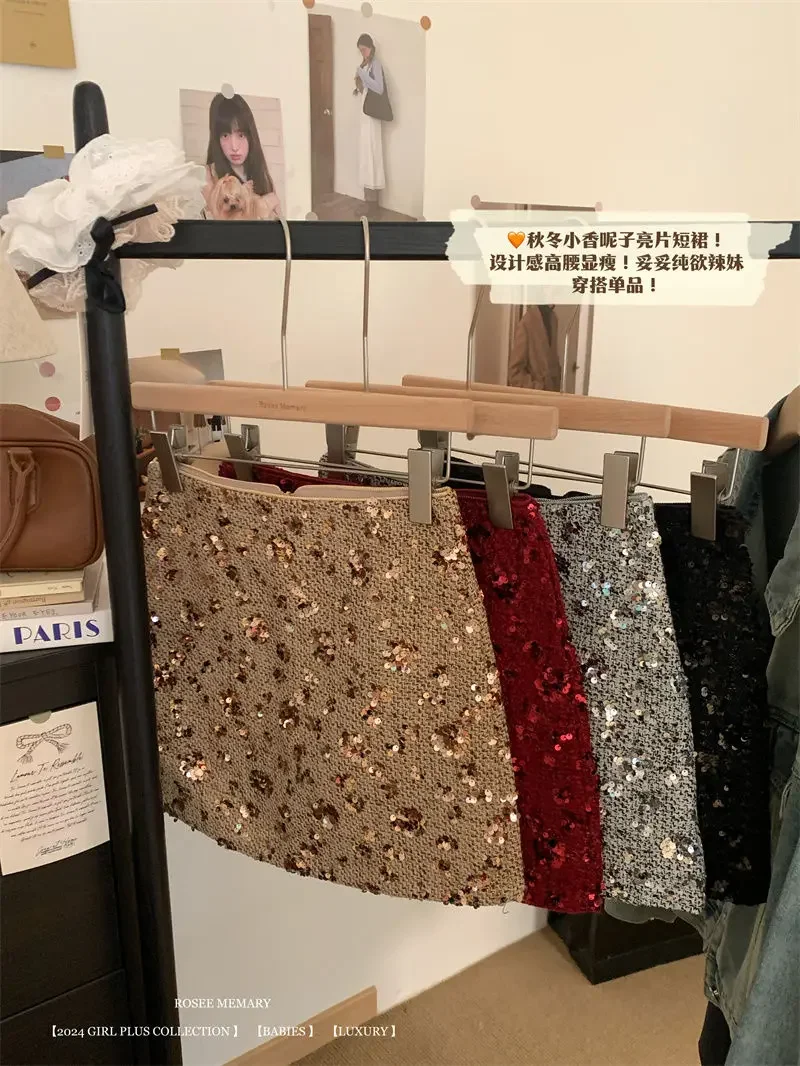 New Fashion Shiny Sequin Mini Skirt Women High Waist Slim Wrapped Hip Club Sexy Tweed Skirt Elgant Office Lady Woolen Faldas Y2k