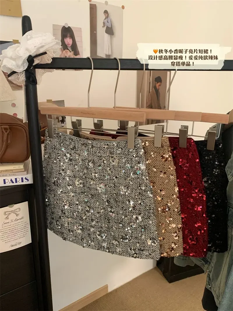 New Fashion Shiny Sequin Mini Skirt Women High Waist Slim Wrapped Hip Club Sexy Tweed Skirt Elgant Office Lady Woolen Faldas Y2k