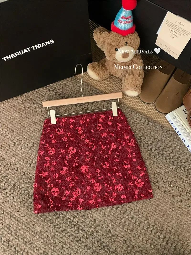 New Fashion Shiny Sequin Mini Skirt Women High Waist Slim Wrapped Hip Club Sexy Tweed Skirt Elgant Office Lady Woolen Faldas Y2k