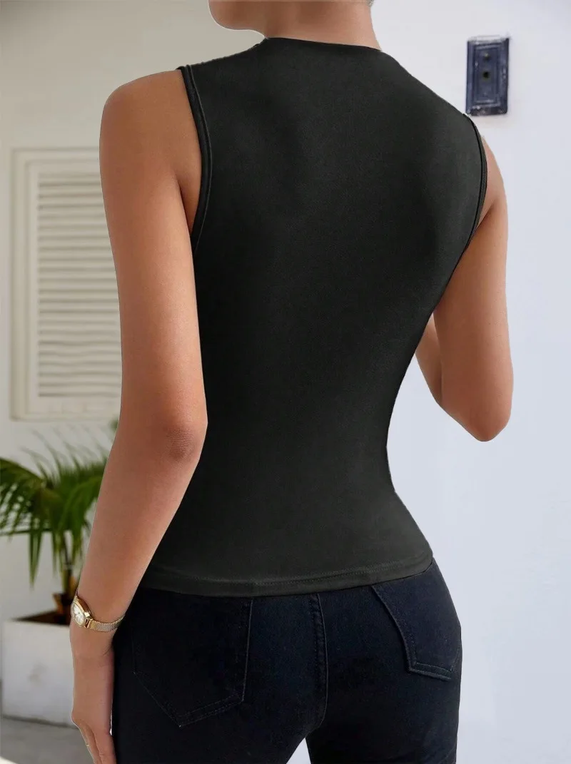 2025 Solid  Fashion Casual Mock Neck Ruched Tank Top for Women Summer Color Pleated Sleeveless Tee Shirt Tshirt Streetwear Y2K