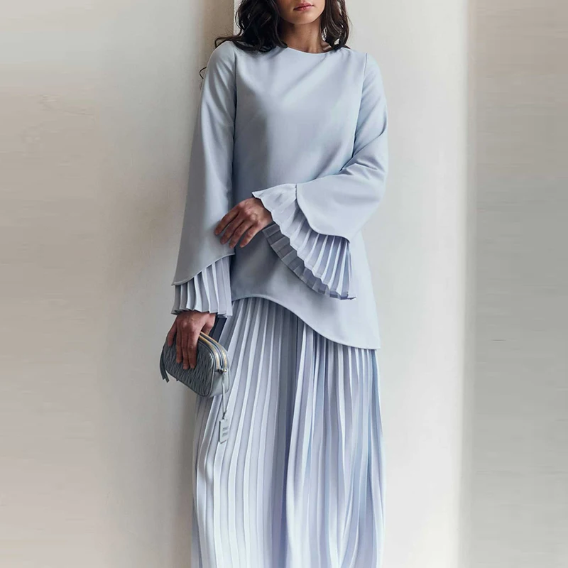 Eid Muslim Two Piece Set Women Top Long Skirt Suit Ramadan Morocco Dubai Islam Casual Ensemble Femme Arabic Skirts Outfits