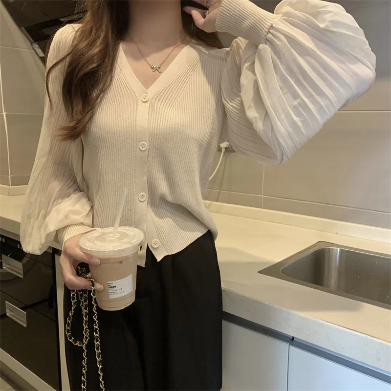 Women Fashion V-neck Slim Single-breasted Chic Pleated Lantern Sleeve Sweater Jacket Cropped Cardigan White Cardigan Tops