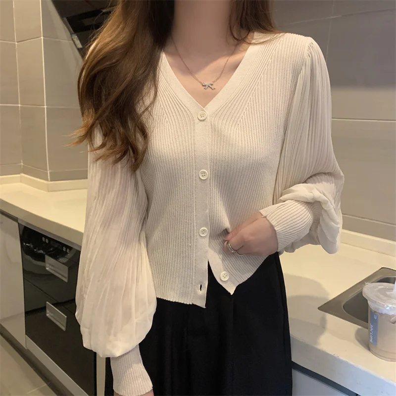 Women Fashion V-neck Slim Single-breasted Chic Pleated Lantern Sleeve Sweater Jacket Cropped Cardigan White Cardigan Tops