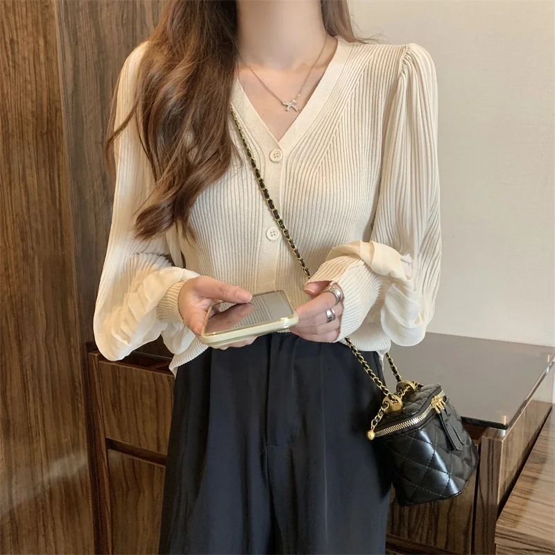 Women Fashion V-neck Slim Single-breasted Chic Pleated Lantern Sleeve Sweater Jacket Cropped Cardigan White Cardigan Tops