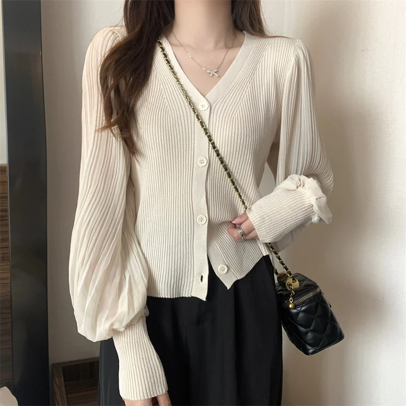 Women Fashion V-neck Slim Single-breasted Chic Pleated Lantern Sleeve Sweater Jacket Cropped Cardigan White Cardigan Tops