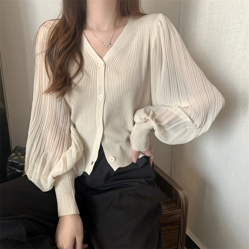 Women Fashion V-neck Slim Single-breasted Chic Pleated Lantern Sleeve Sweater Jacket Cropped Cardigan White Cardigan Tops