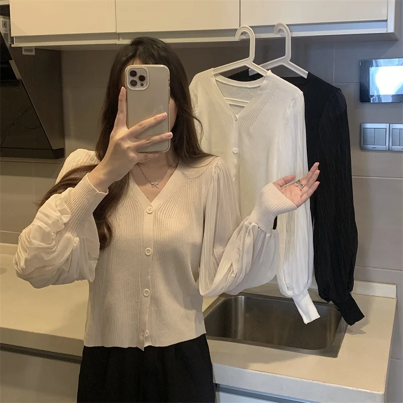 Women Fashion V-neck Slim Single-breasted Chic Pleated Lantern Sleeve Sweater Jacket Cropped Cardigan White Cardigan Tops