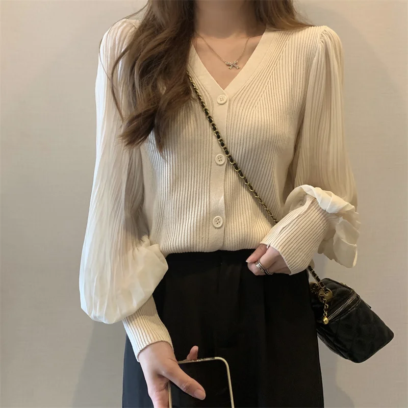 Women Fashion V-neck Slim Single-breasted Chic Pleated Lantern Sleeve Sweater Jacket Cropped Cardigan White Cardigan Tops