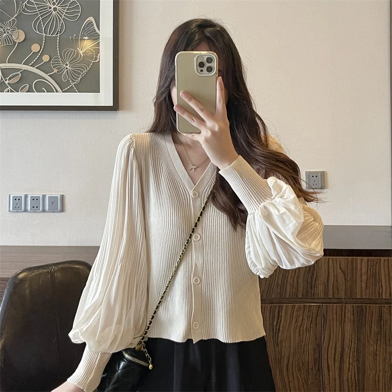 Women Fashion V-neck Slim Single-breasted Chic Pleated Lantern Sleeve Sweater Jacket Cropped Cardigan White Cardigan Tops