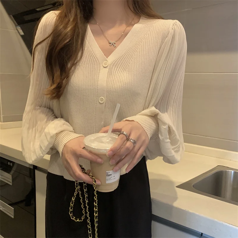 Women Fashion V-neck Slim Single-breasted Chic Pleated Lantern Sleeve Sweater Jacket Cropped Cardigan White Cardigan Tops