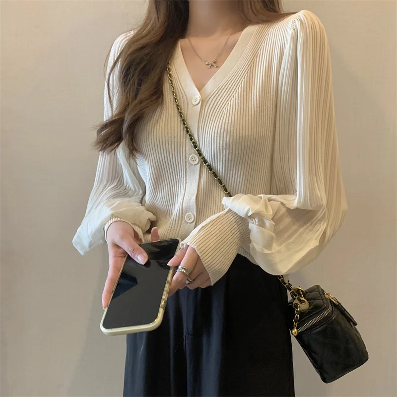 Women Fashion V-neck Slim Single-breasted Chic Pleated Lantern Sleeve Sweater Jacket Cropped Cardigan White Cardigan Tops