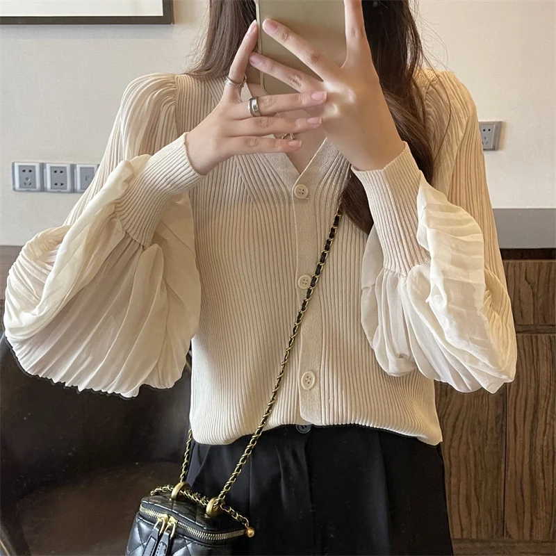 Women Fashion V-neck Slim Single-breasted Chic Pleated Lantern Sleeve Sweater Jacket Cropped Cardigan White Cardigan Tops