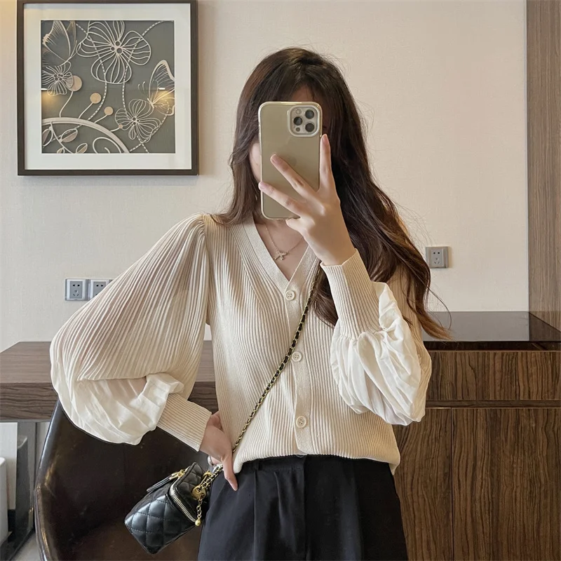Women Fashion V-neck Slim Single-breasted Chic Pleated Lantern Sleeve Sweater Jacket Cropped Cardigan White Cardigan Tops