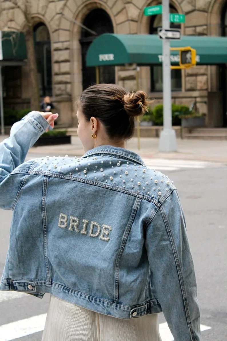 BRIDE Rhinestone and Pearl Denim Jacket Custom Mrs. Jean Jacket Wifey Denim Personalized Bridal Wedding Jacket Bride to Be Coats